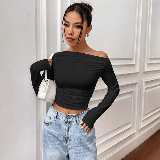 Damen Elegantes Off-Shoulder Langarmtop mit figurbetontem Schnitt EB