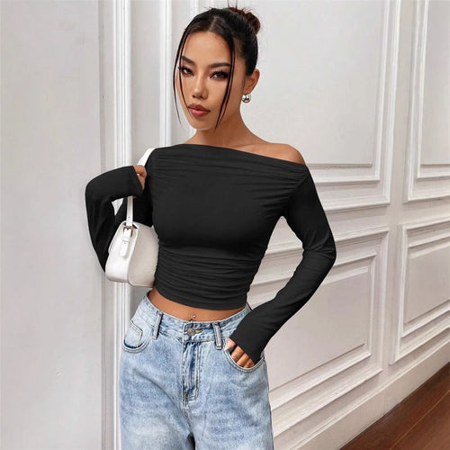 Damen Elegantes Off-Shoulder Langarmtop mit figurbetontem Schnitt EB
