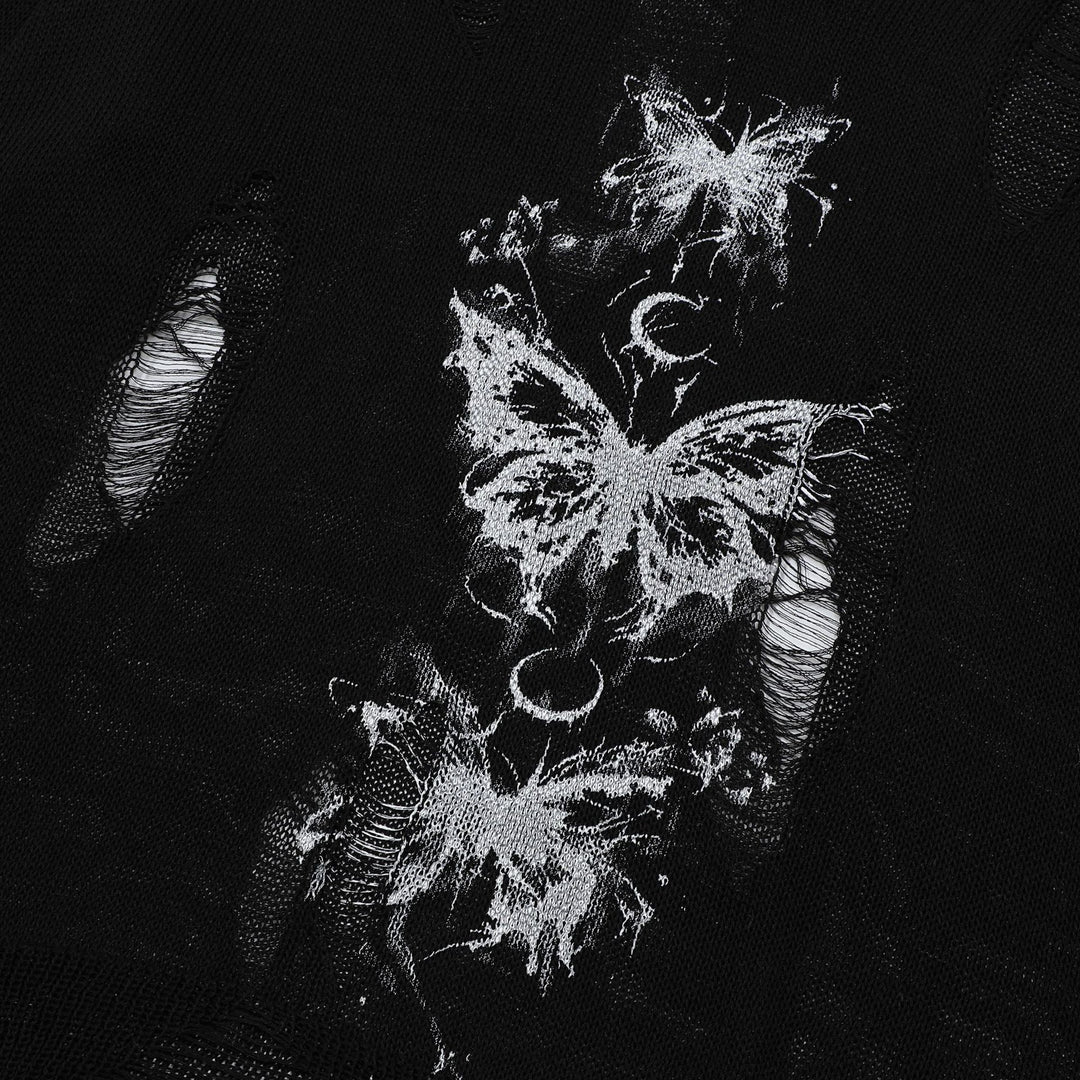 Damen oversized Pullover mit grafischem Print und distressed Details EB