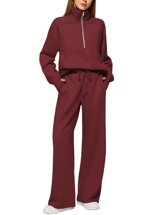 Damen nan halbzip Lounge-Set mit hohem Stehkragen, Kängurutasche und weiten Highwaist-Jogginghose EB