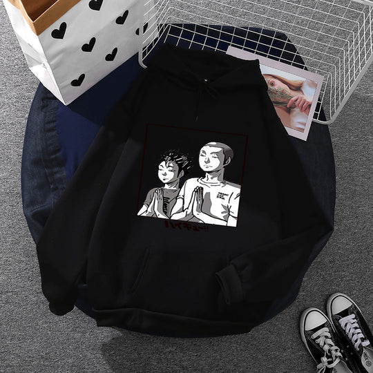 Damen nan weicher Kapuzenpullover mit großflächigem Manga-Panelprint und Kängurutasche EB