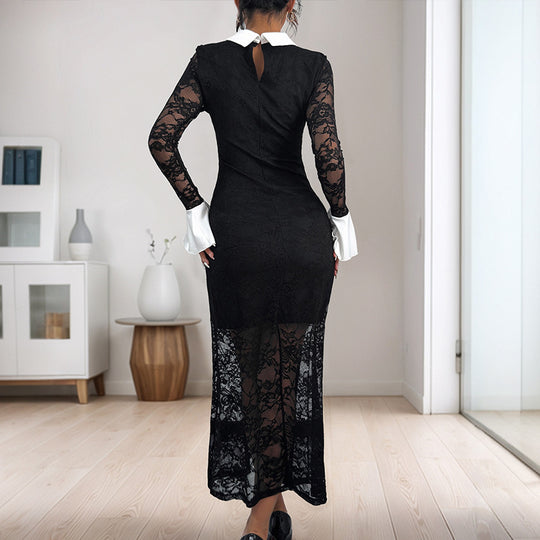 Damen Midikleid mit transparentem Spitzenoberteil und eleganter Blusenkragen EB