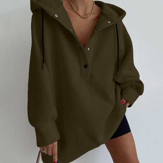 Damen nan kuscheliges Kapuzen-Fleece-Tunika-Sweatshirt mit Druckknopfleiste und überschnittener Schulter EB