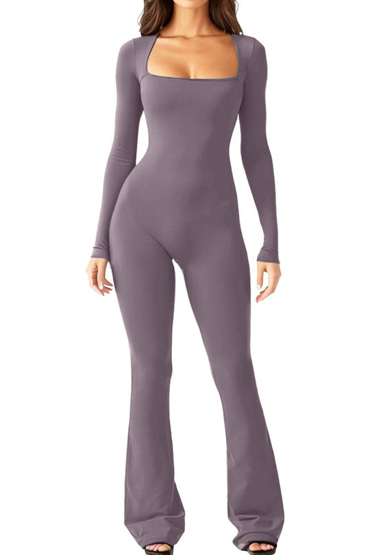 Damen nan figurbetonter Langarm-Jumpsuit mit quadratischem Ausschnitt und ausgestellter Schlaghose EB