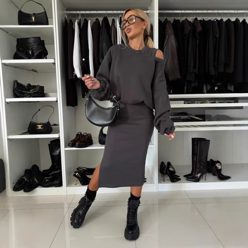Damen modisches Sweatshirt und Midi-Rock Set EB