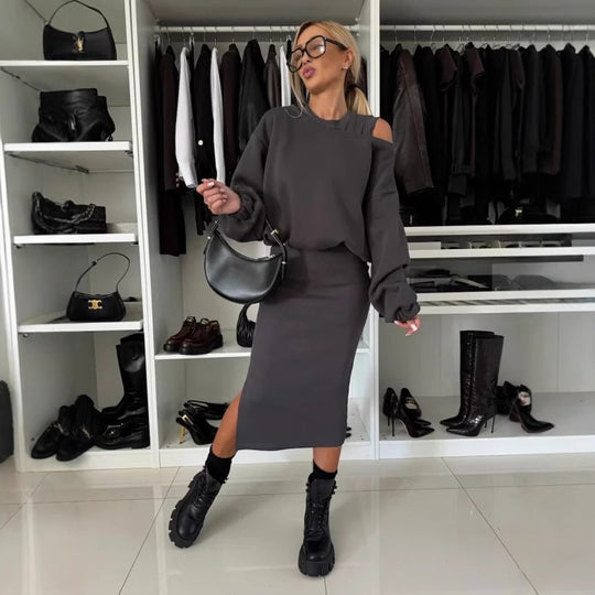 Damen modisches Sweatshirt und Midi-Rock Set EB