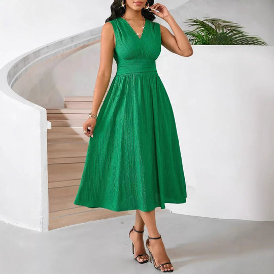 Damen Elegantes Midikleid mit V-Ausschnitt und fließendem Rock EB