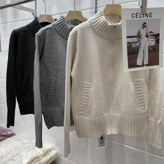 Damen Strickpullover mit hohem Stehkragen und Rippstruktur EB