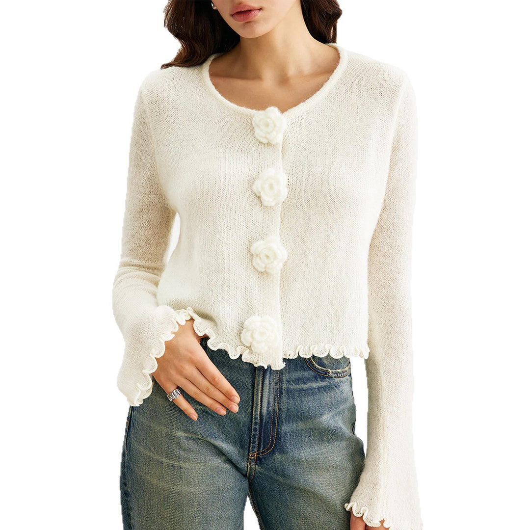 Damen kurze Strickjacke mit dekorativem Blumenknopf EB