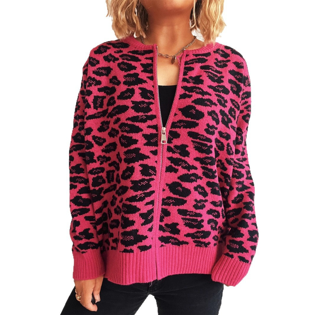 Damen Strickjacke mit modernem Leopardenmuster und Zipperdetails EB