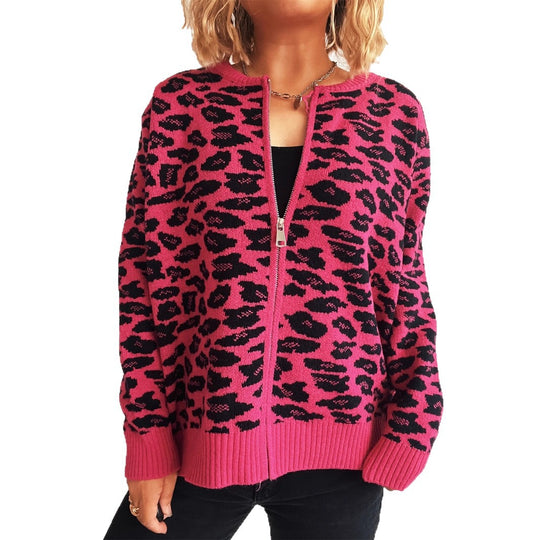 Damen Strickjacke mit modernem Leopardenmuster und Zipperdetails EB