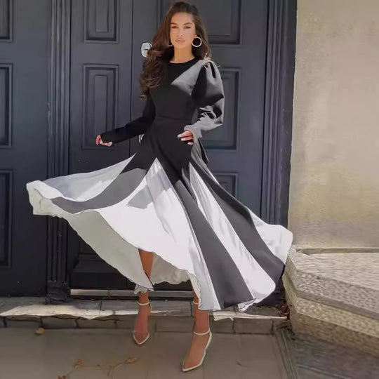 Damen Elegantes Langarmkleid mit Puffärmeln und Fließendem Saum EB