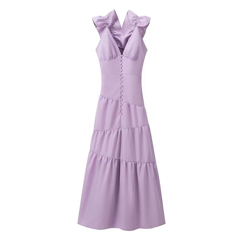 Damen Maxikleid mit schwingendem Rüschendesign und elegantem V-Ausschnitt EB