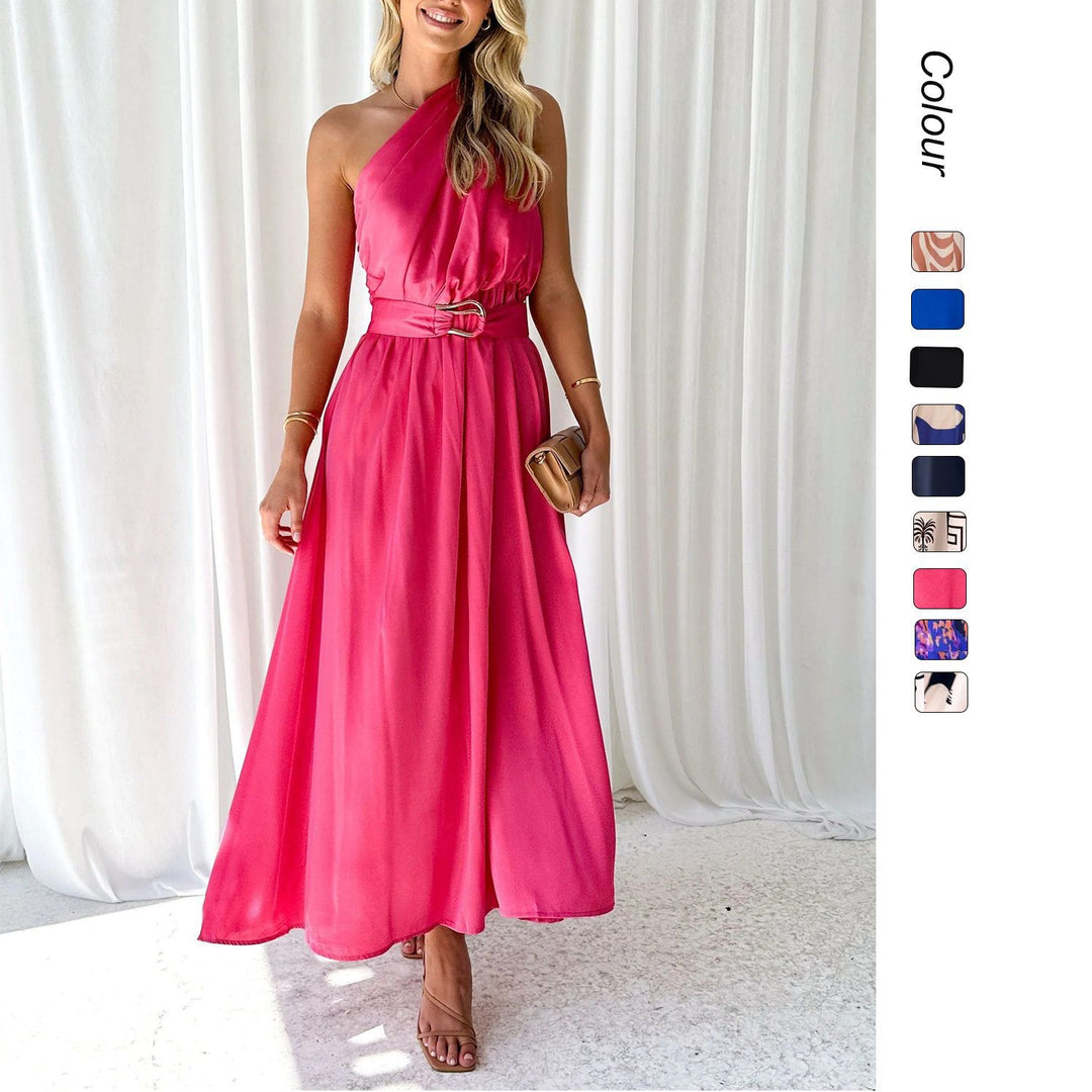 Damen Abendkleid mit asymmetrischem Trägerdesign und elegantem Taillengürtel EB