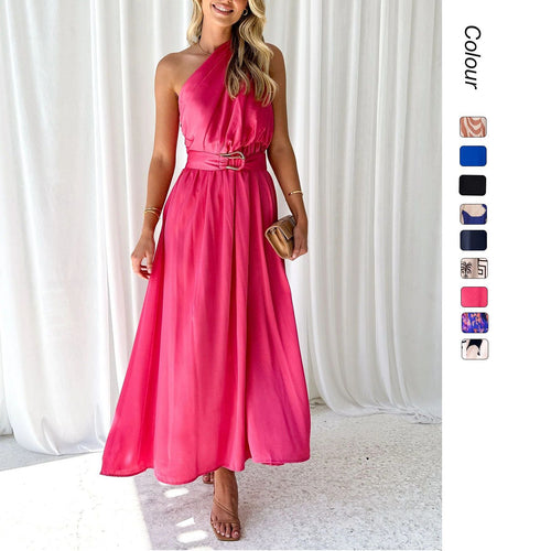 Damen Abendkleid mit asymmetrischem Trägerdesign und elegantem Taillengürtel EB