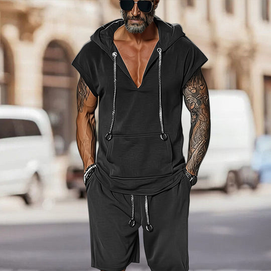 Herren lässiges Freizeit-Set mit stylischem Kapuzen-T-Shirt und Shorts EB