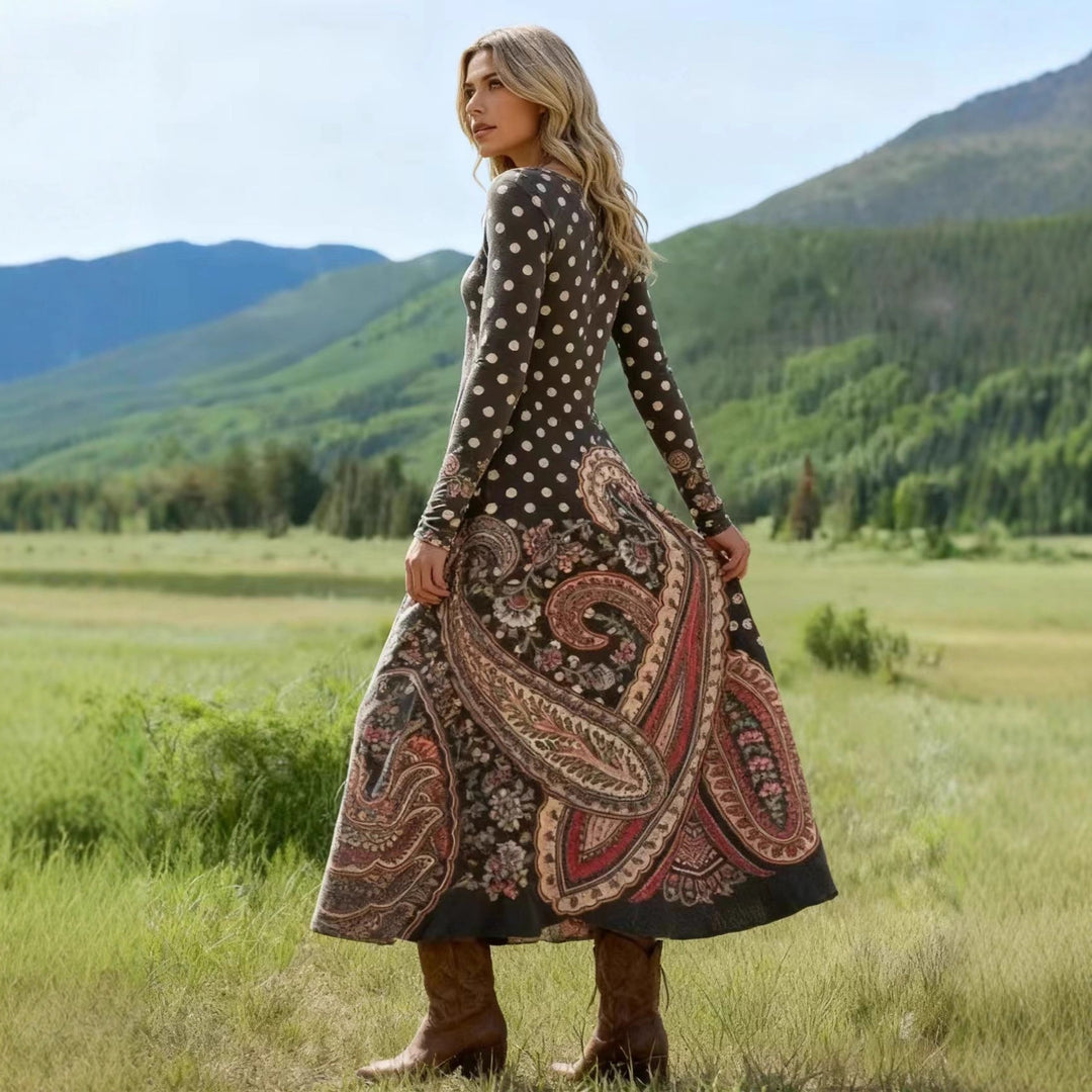 Damen Maxikleid mit Paisley‑ und Polka‑Dot‑Print, langärmeliges A‑Linien‑Jerseykleid EB