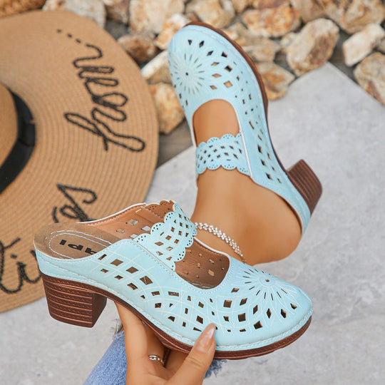 Damen Offene Clogs mit filigranem Muster und holz-ähnlichem Absatz EB