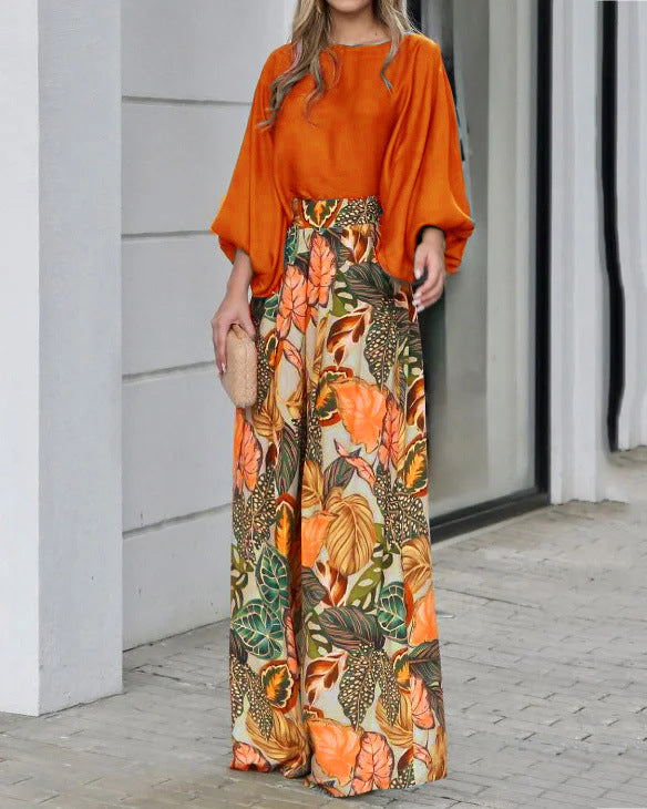 Damen weite Palazzo-Hose mit floralem Muster und elastischem Bund EB