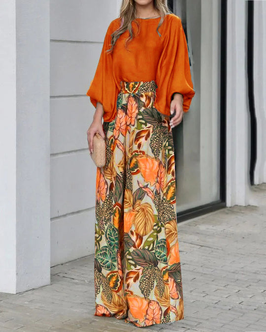 Damen weite Palazzo-Hose mit floralem Muster und elastischem Bund EB
