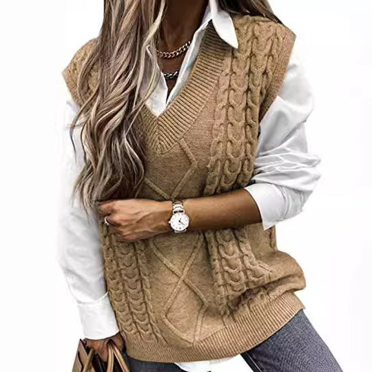 Damen Strickweste mit Zopfdesign und V-Ausschnitt EB