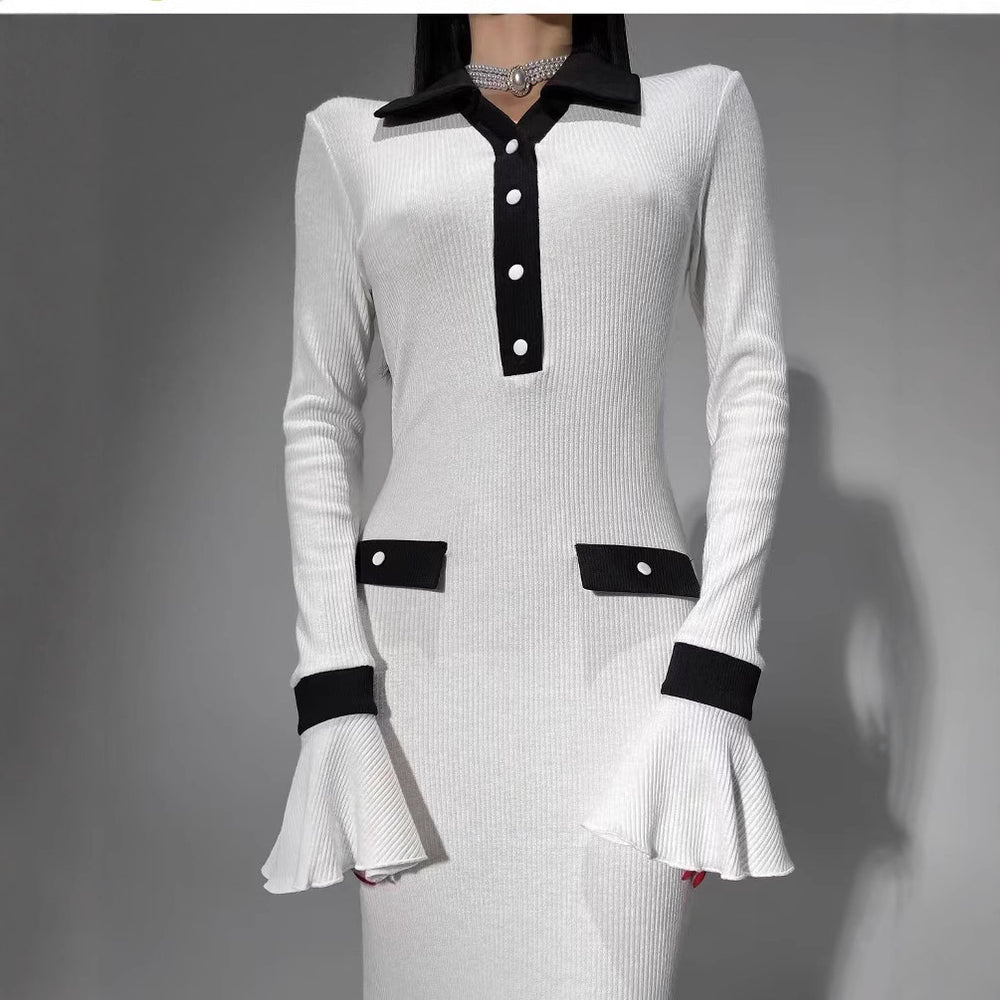 Damen elegantes Maxikleid mit Kontrastkragen und schmeichelhaften Ärmelverzierungen EB