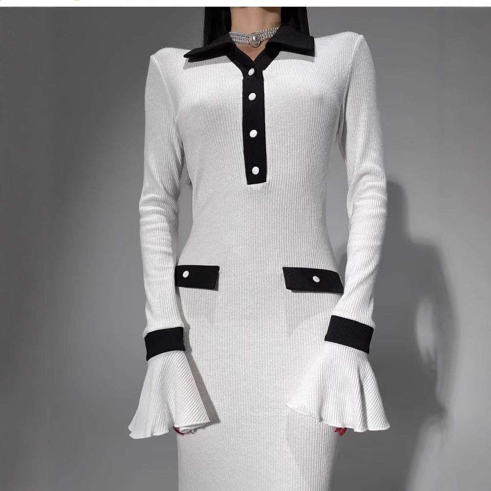 Damen elegantes Maxikleid mit Kontrastkragen und schmeichelhaften Ärmelverzierungen EB