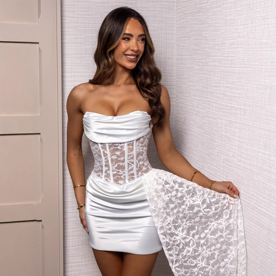 Damen Korsett-inspiriertes Mini-Kleid mit eleganter Spitze und fließendem Rock EB