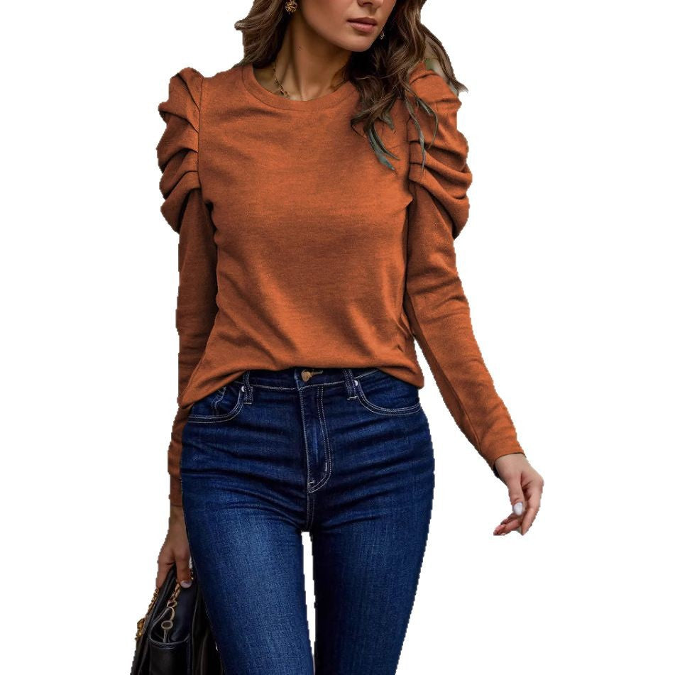 Damen Langarmshirt mit gestuften Raffungen an den Schultern und tailliertem Schnitt EB