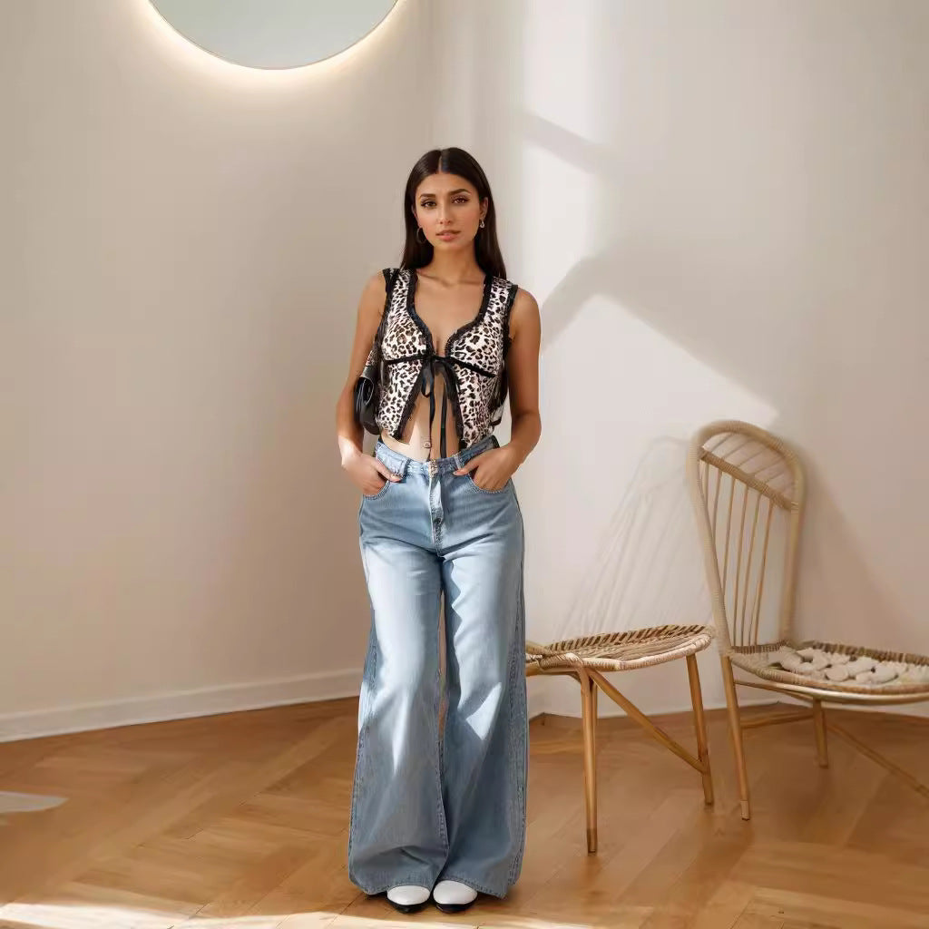 Damen Sexy Animal-Print Oberteil mit Spitzenakzenten und Schleifenbindung EB