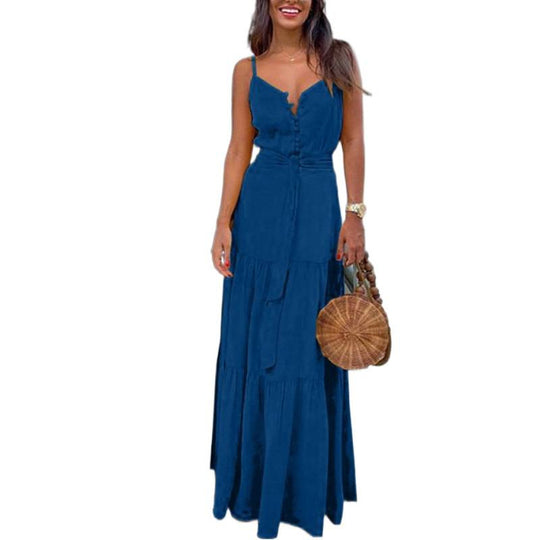 Damen Maxi-Kleid mit knöpfbarem Ausschnitt und Taillengürtel EB