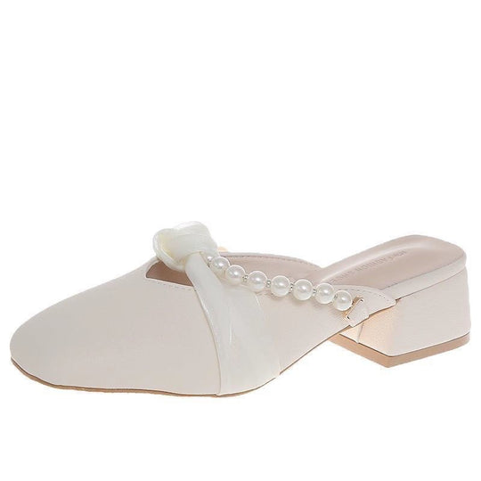 Damen Elegante Mules mit perlenverzierten Riemen und niedriger Blockabsatz EB