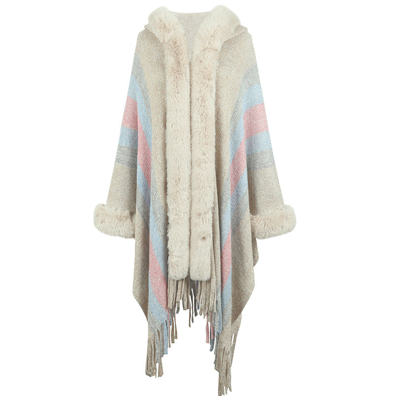 Damen modischer Poncho mit luxuriösem Kunstfellkragen und Fransen EB