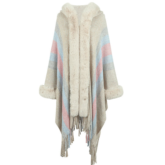 Damen modischer Poncho mit luxuriösem Kunstfellkragen und Fransen EB