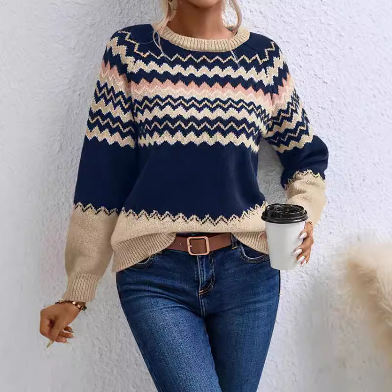 Damen Pullover mit Wellenmuster und klassischem Rundhalsausschnitt EB