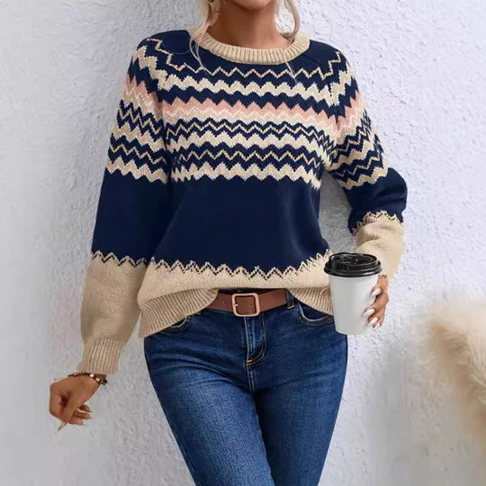 Damen Pullover mit Wellenmuster und klassischem Rundhalsausschnitt EB