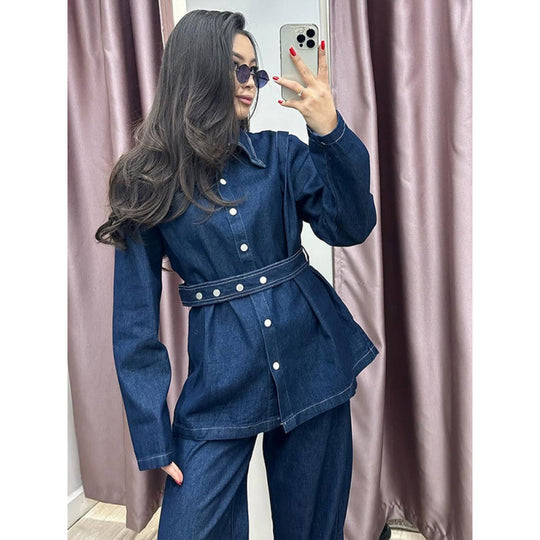 Damen Denim-Blazer-Set im Vintage-Stil mit Taillengürtel EB