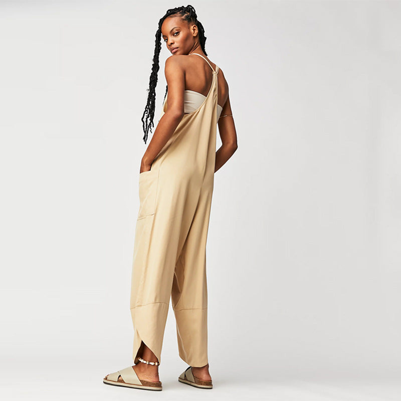 Damen Lässiger Jumpsuit mit weitem Bein und seitlichen Taschen EB