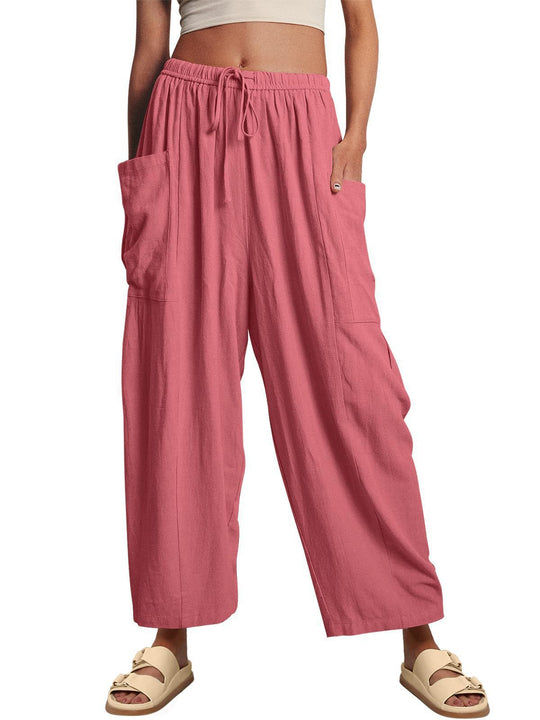 Damen nan weite Palazzohose aus leichtem Leinenmix mit Tunnelzug und seitlicher Tasche EB