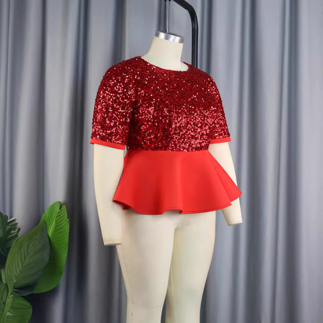 Damen Elegantes Glitzeroberteil mit peplum Saum EB