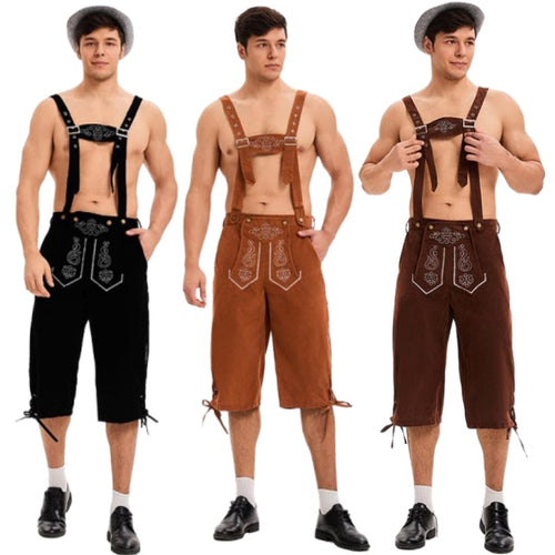 Herren nan knielange traditionelle Lederhose mit besticktem Brustlatz und verstellbaren Trägern EB