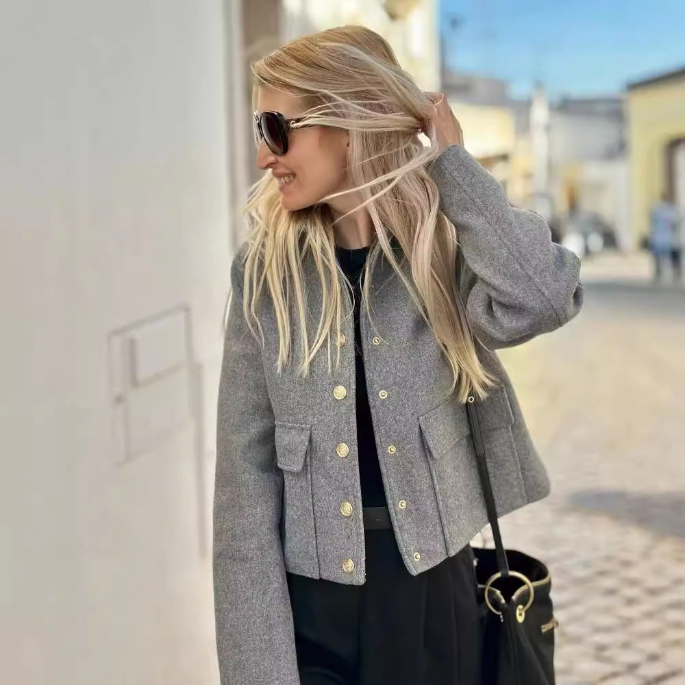 Damen modische Jacke mit Knopfleiste und praktischen Taschen EB