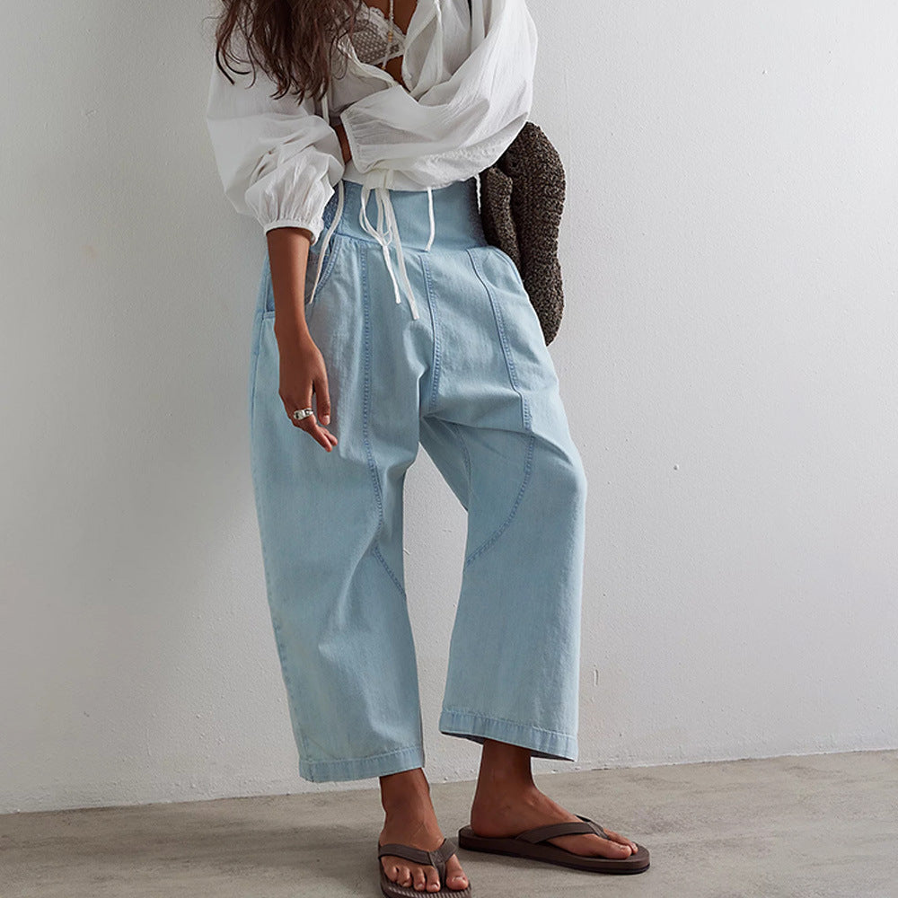 Damen lässige Loose-Fit Jeans mit elastischem Bund und geräumigen Taschen EB