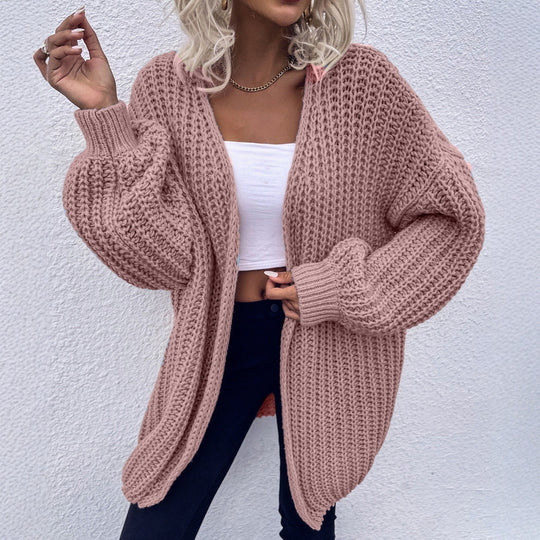 Damen lässiger Grobstrick-Cardigan mit tiefen Taschen und voluminösen Ärmeln EB