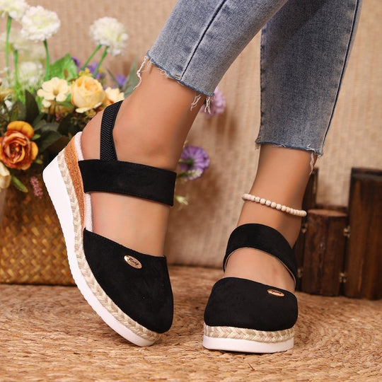 Damen  Espadrille-Keilpantoletten mit elastischem Fersenriemen, Veloursoptik-Obermaterial und geflochtenem Jute-Plateau EB