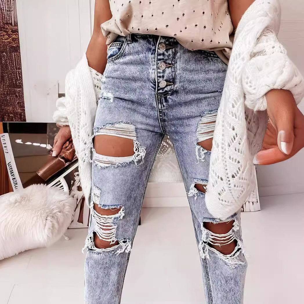 Damen Destroyed Boyfriend Jeans Im Lässigen Vintage-Stil mit Hohem Bund EB