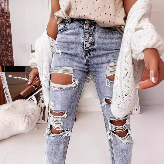 Damen Destroyed Boyfriend Jeans Im Lässigen Vintage-Stil mit Hohem Bund EB