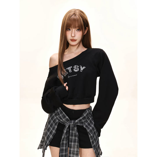 Damen nan einseitig offenes Cropped-French-Terry-Pullover mit voluminösen Ärmeln und Rippbund EB
