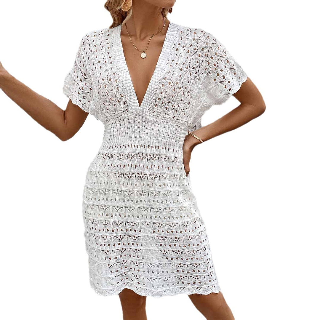 Damen häkelhaftes Strandkleid mit tiefem V-Ausschnitt EB