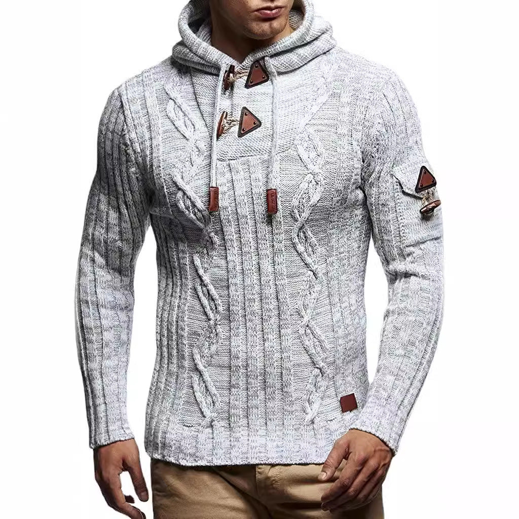 Herren Grobstrick Pullover mit Kapuze und dekorativen Schnürdetails EB